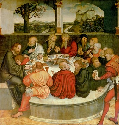 Triptyque, panneau de gauche, Philipp Melanchthon effectue un baptême assisté par Martin Luther; panneau central, la Cène avec Luther parmi les Apôtres; panneau de droite, Luther fait sa confession - Lucas Cranach the Elder